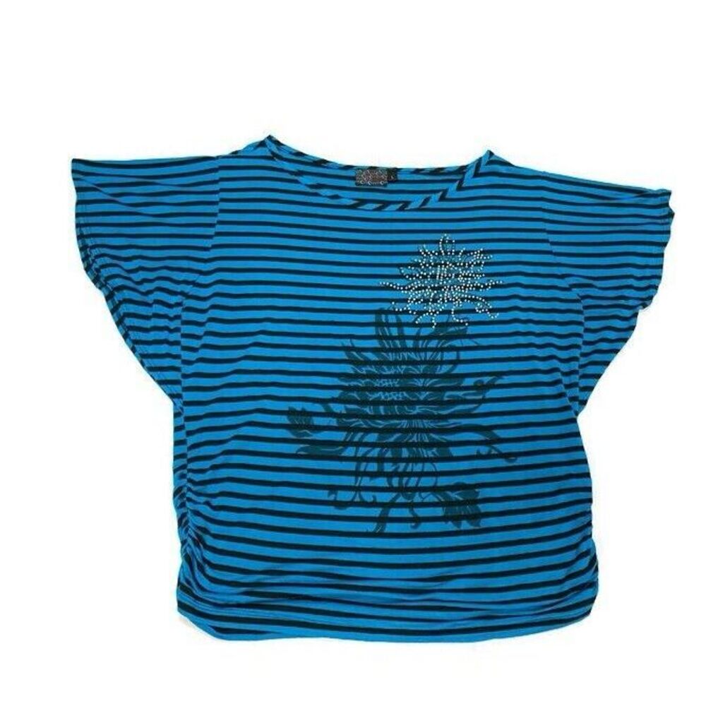 M Heart‎ M Women's Blouse Blue And Black Striped Ruched Floral Short Sleeve XL